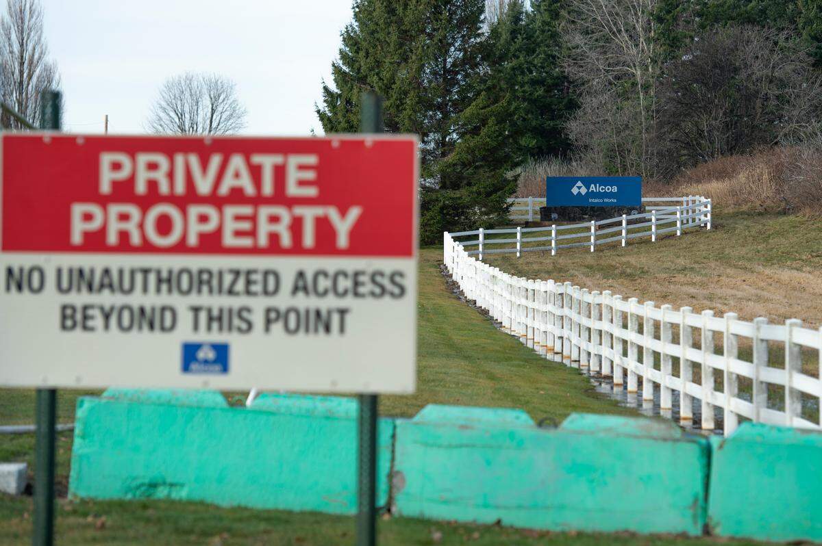 The entrance to the Alcoa Intalco Works plant is closed on Friday, Jan. 28, in Whatcom County. The plant was curtailed in the summer of 2020 because of declining conditions in the aluminum market. Reopening the facility could bring back around 700 manufacturing jobs to Whatcom County.