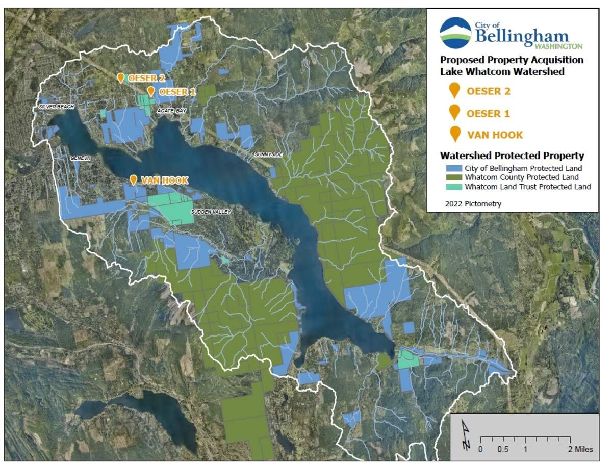 A map shows the location of recent land purchases in the Lake Whatcom watershed, as part of a city program to preserve land around Bellingham’s drinking water source.