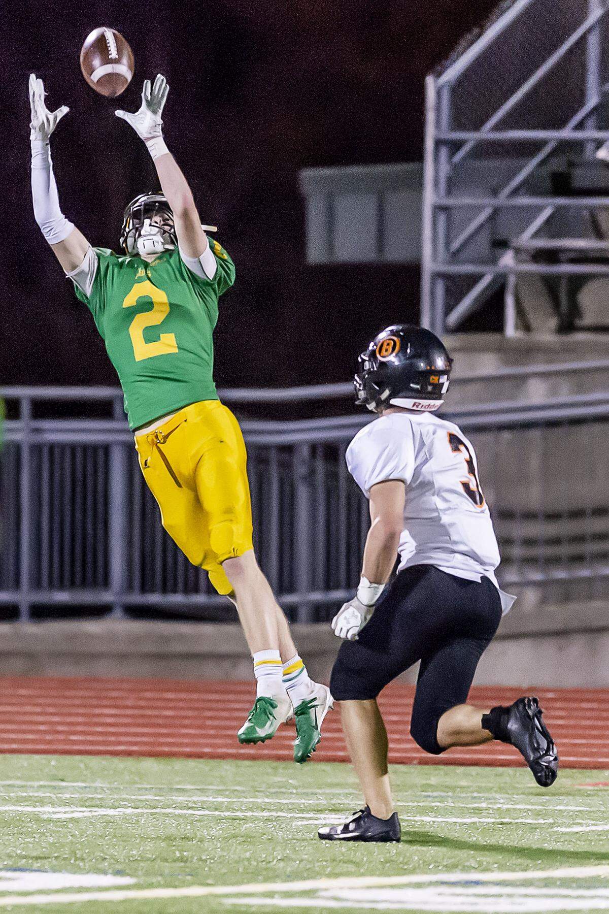 Lynden defensive back Kobe Elsner intercepts an overthrown ball intended for Blaine’s receiver Derek Machula during the second quarter of the 2A Northwest district playoff game at Civic Stadium on Friday, Nov. 2, in Bellingham.