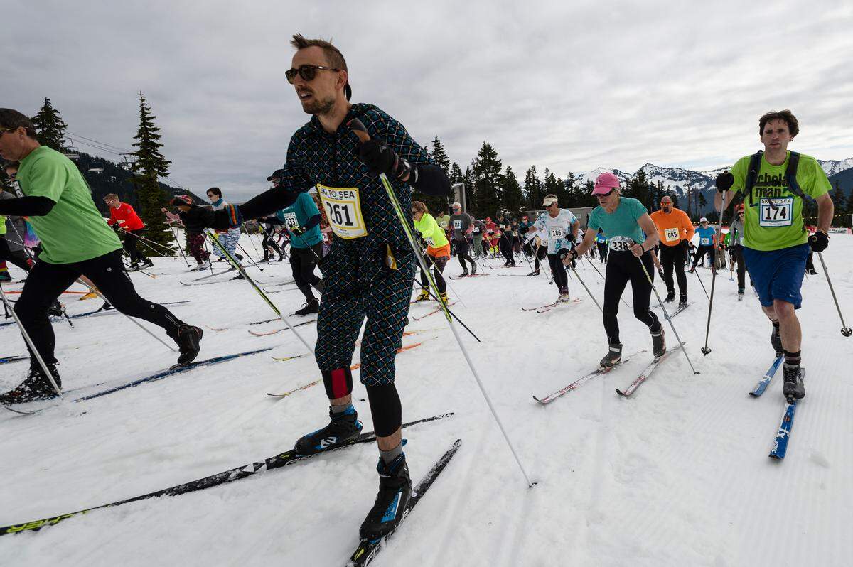 Competitors storm from the starting area during the 2018 Ski to Sea race at the Mt. Baker Ski Area.