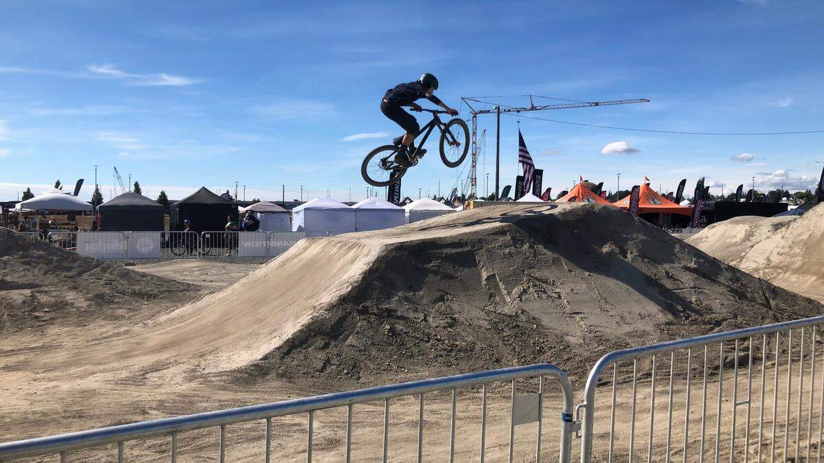 A festival attendee jumping through the Port of Bellingham’s pump track Sunday, July 10, near Waypoint Park during the Northwest Tune-Up festival.