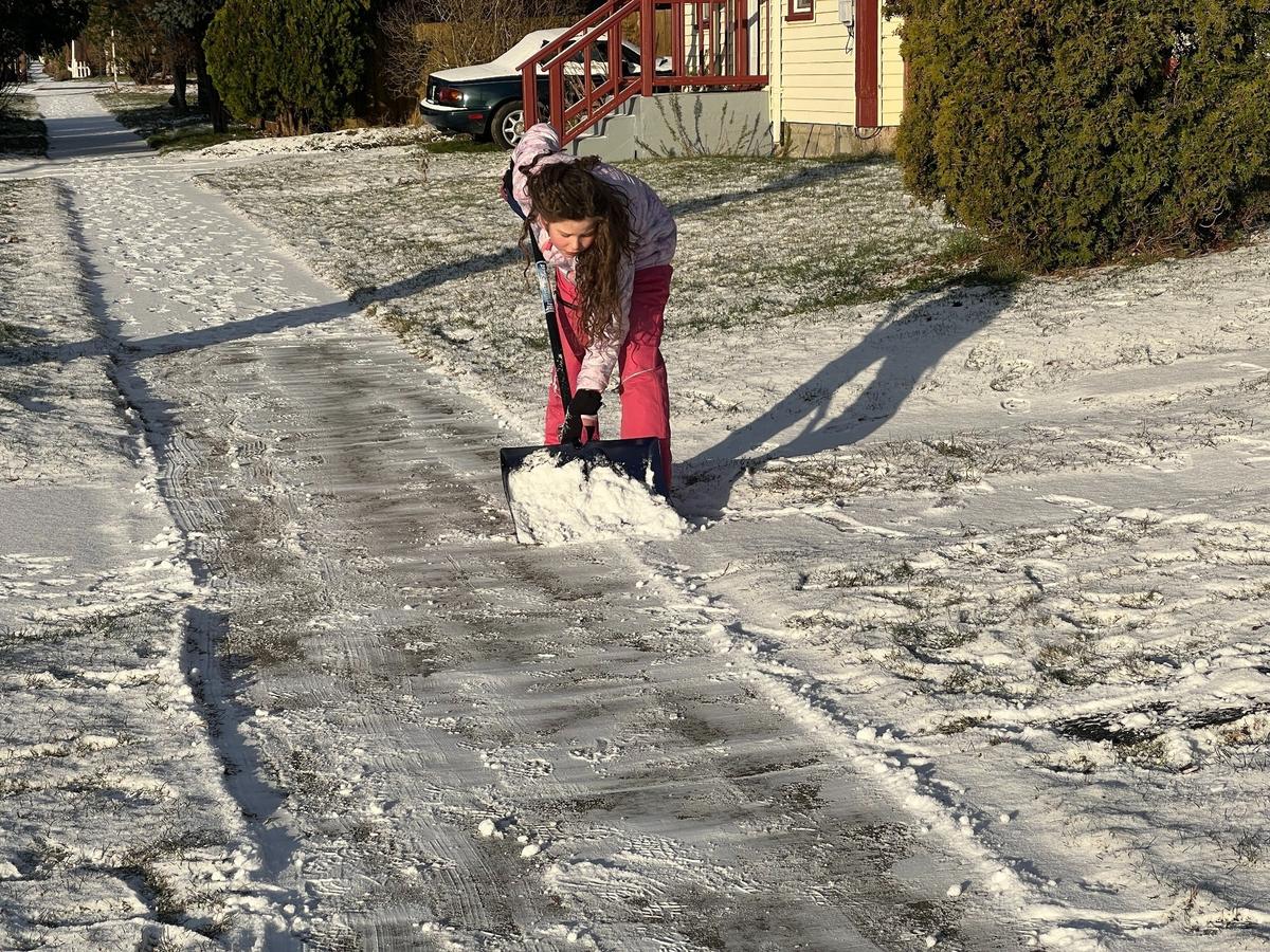 Marley Dawkins, 9, shovels the sidewalk near her home in the Sunnyland neighborhood of Bellingham, Wash., on Tuesday, Feb. 4, 2025.