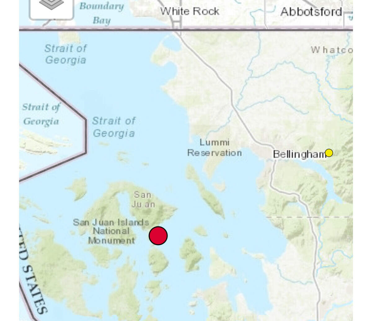 The Pacific Northwest Seismic Network shows the center of a 4.5 magnitude earthquake about 29 miles west of Bellingham, Wash., at 5:02 a.m. Monday, March 3, 2025.