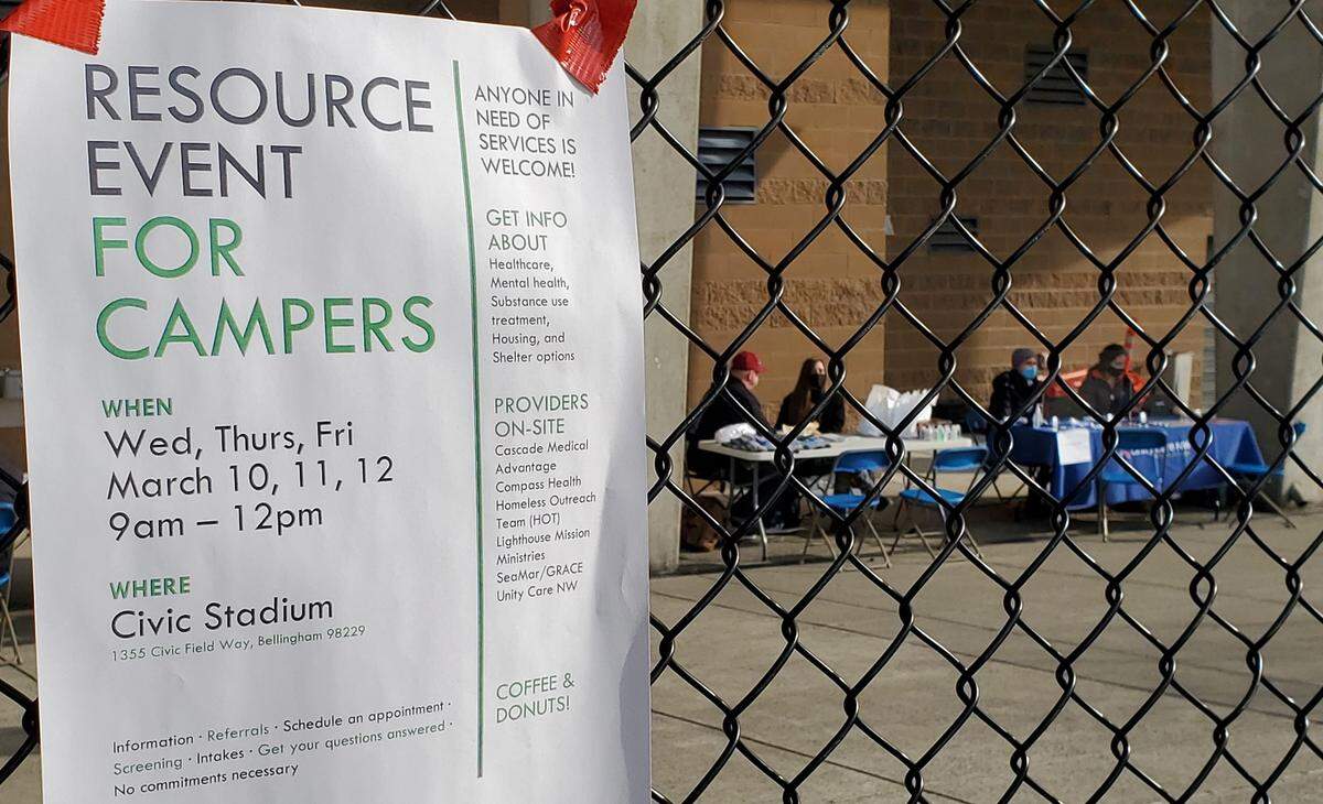 Social service providers meet with people living unsheltered at Frank Geri Softball Fields Wednesday-Friday, March 10, 11, 12, at Civic Field in Bellingham. The city organized the event to assist people before the encampment cleanup planned for Tuesday, March 16. Representatives of Unity Care NW, Cascade Medical Advance, Compass Health, Opportunity Council, Whatcom Homeless Service Center, Lighthouse Mission Ministries, Sea Mar Community Health Centers/GRACE and HomesNow. Not Later. were on hand to provide connections to housing and shelter options and substance use, mental health and other health care services, according to a city Facebook post.