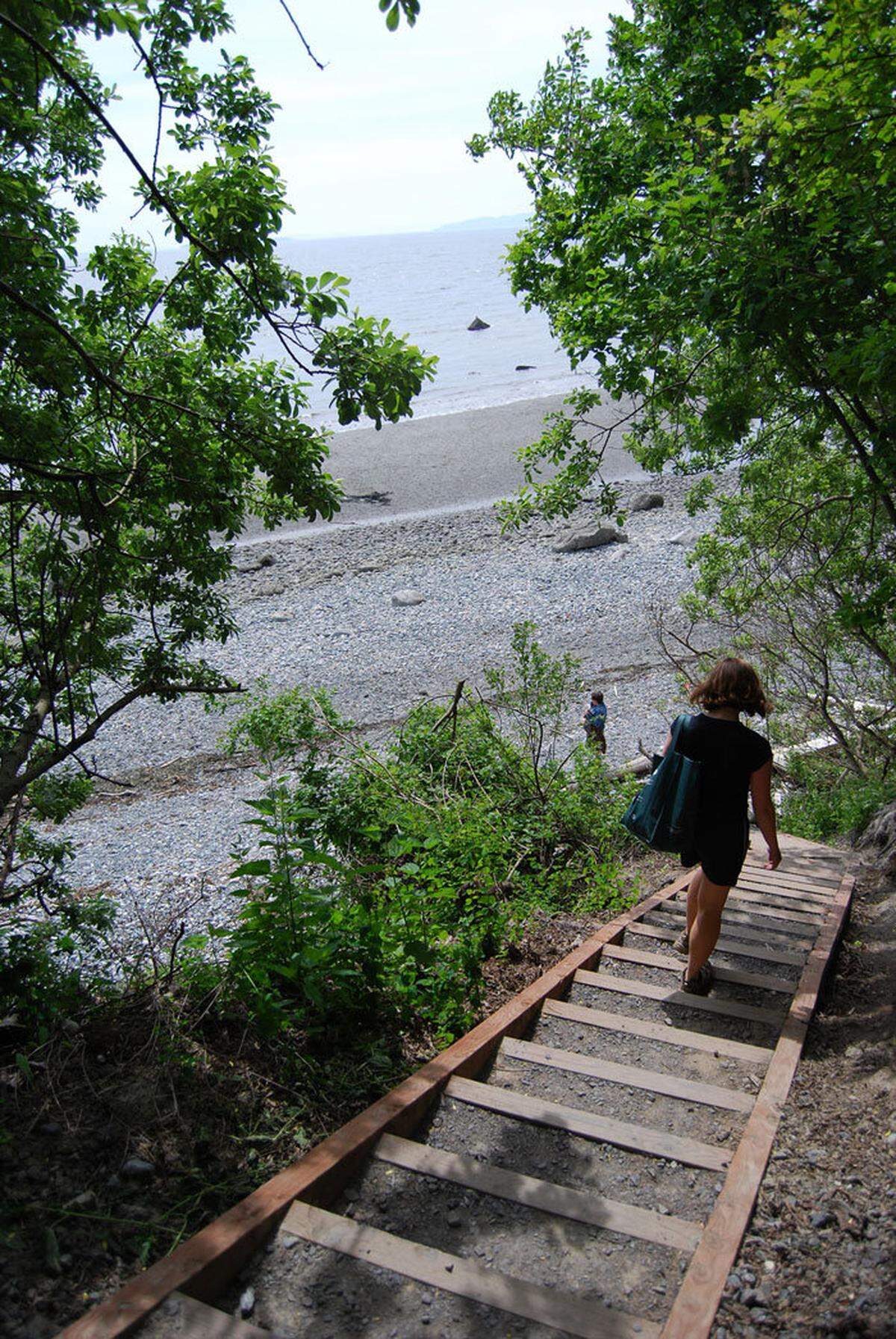 A steep stairwell marks the end of the trail and the entrance to spectacular beach views at Point Whitehorn Marine Reserve, a Whatcom County park.