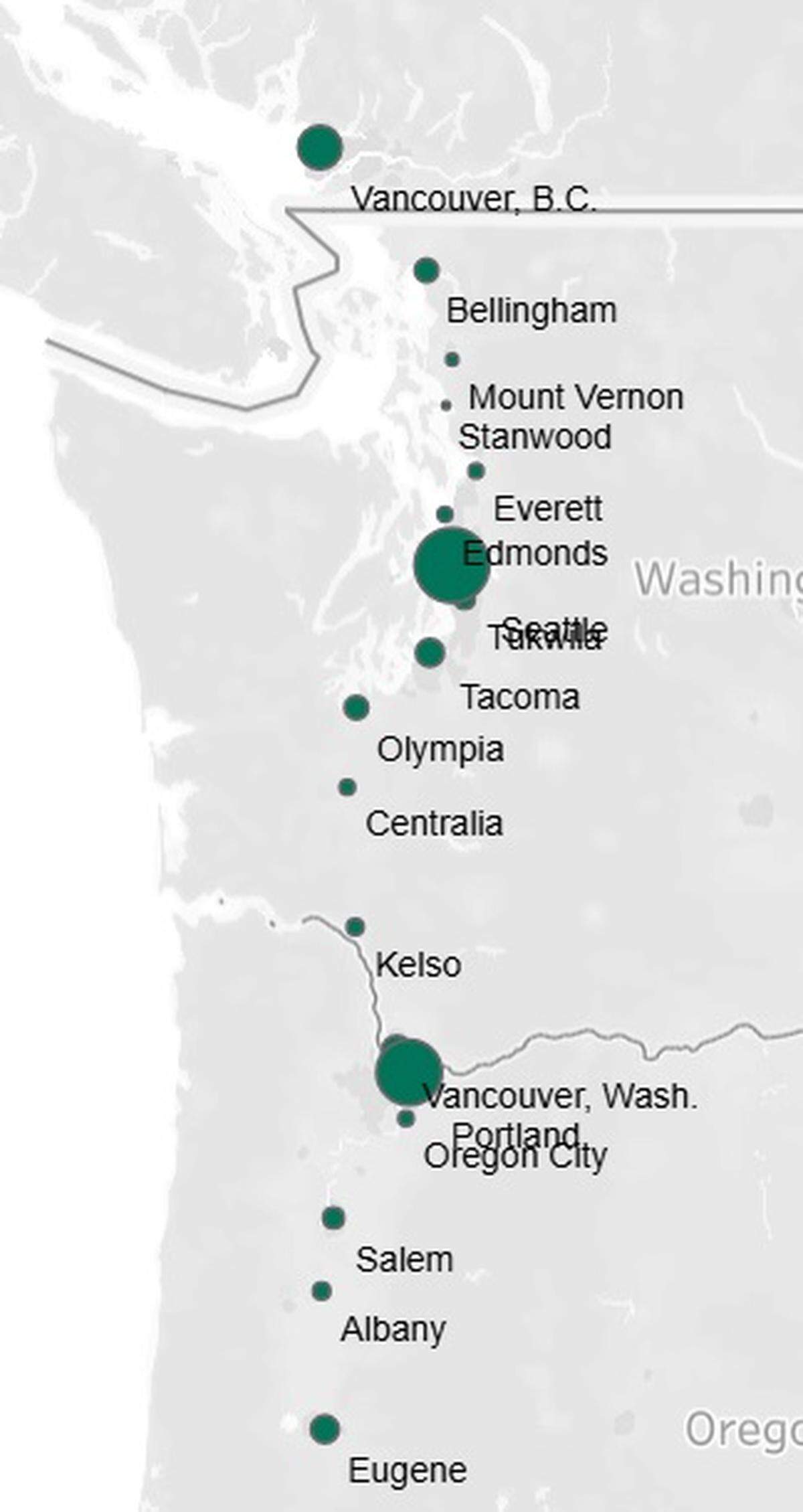 The Washington State Department of Transportation operates the Amtrak Cascades between Eugene, Ore., and Vancouver, B.C. The service is jointly funded and managed by WSDOT and the Oregon Department of Transportation, using Amtrak trains and BNSF tracks.