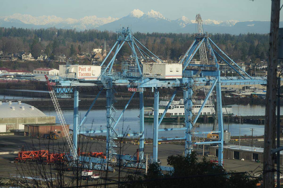 Two large cranes were being stored at the Port of Bellingham Shipping Terminal on Dec. 30 in Bellingham. The cranes were transported by barge from the Port of Tacoma and were expected to be disassembled in the new year.