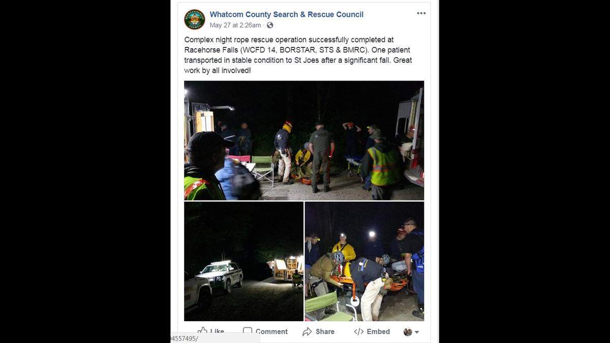 A Facebook post by the Whatcom County Search and Rescue Council shows crews were able to extract a 25-year-old female hiker/photographer from a rock in the middle of Racehorse Creek just above the large bottom waterfall at Racehorse Falls Saturday evening.