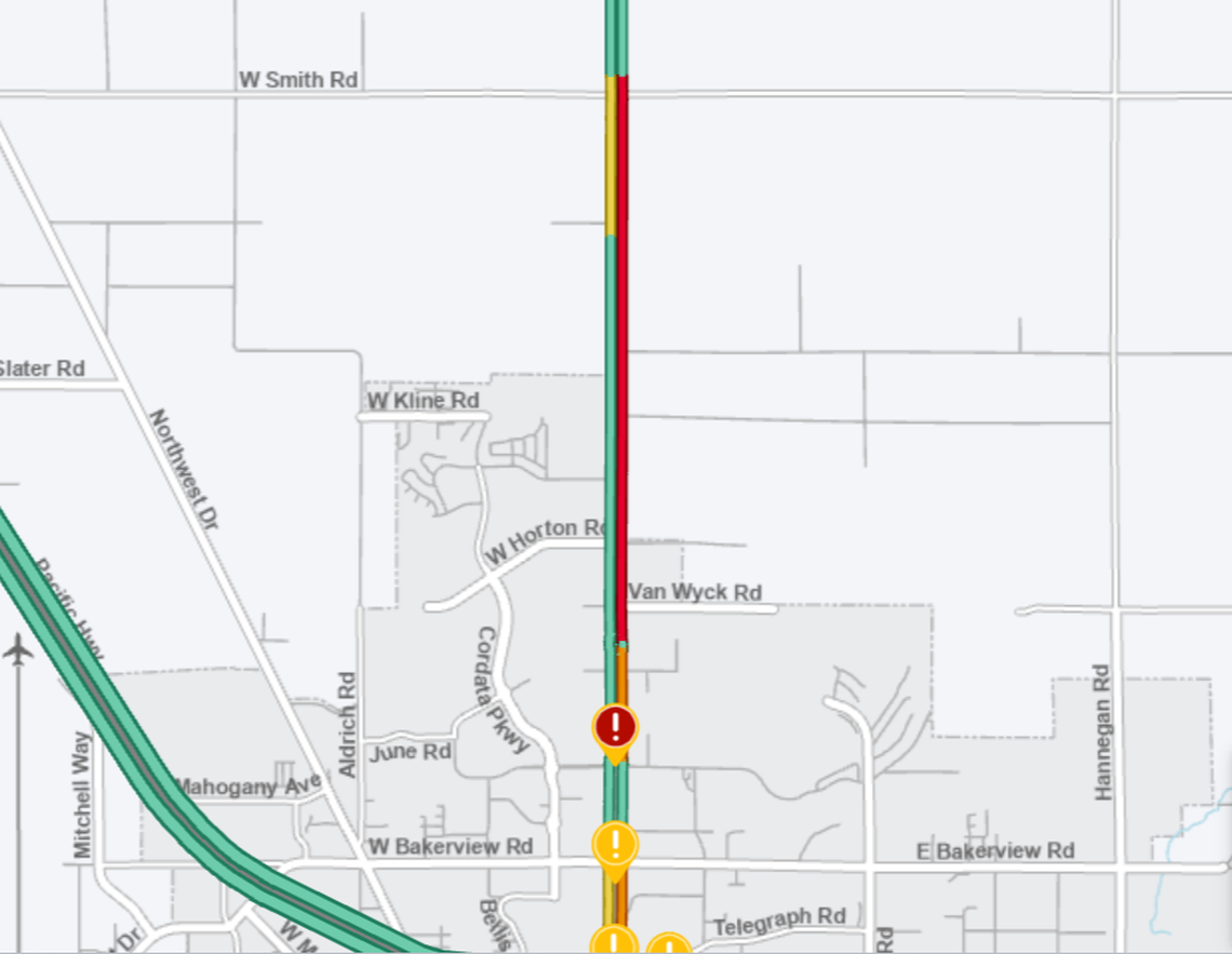 Northbound lanes of Guide Meridian (State Route 539) were blocked north of Kellogg Road following an incident there Monday morning, April 27, 2026.