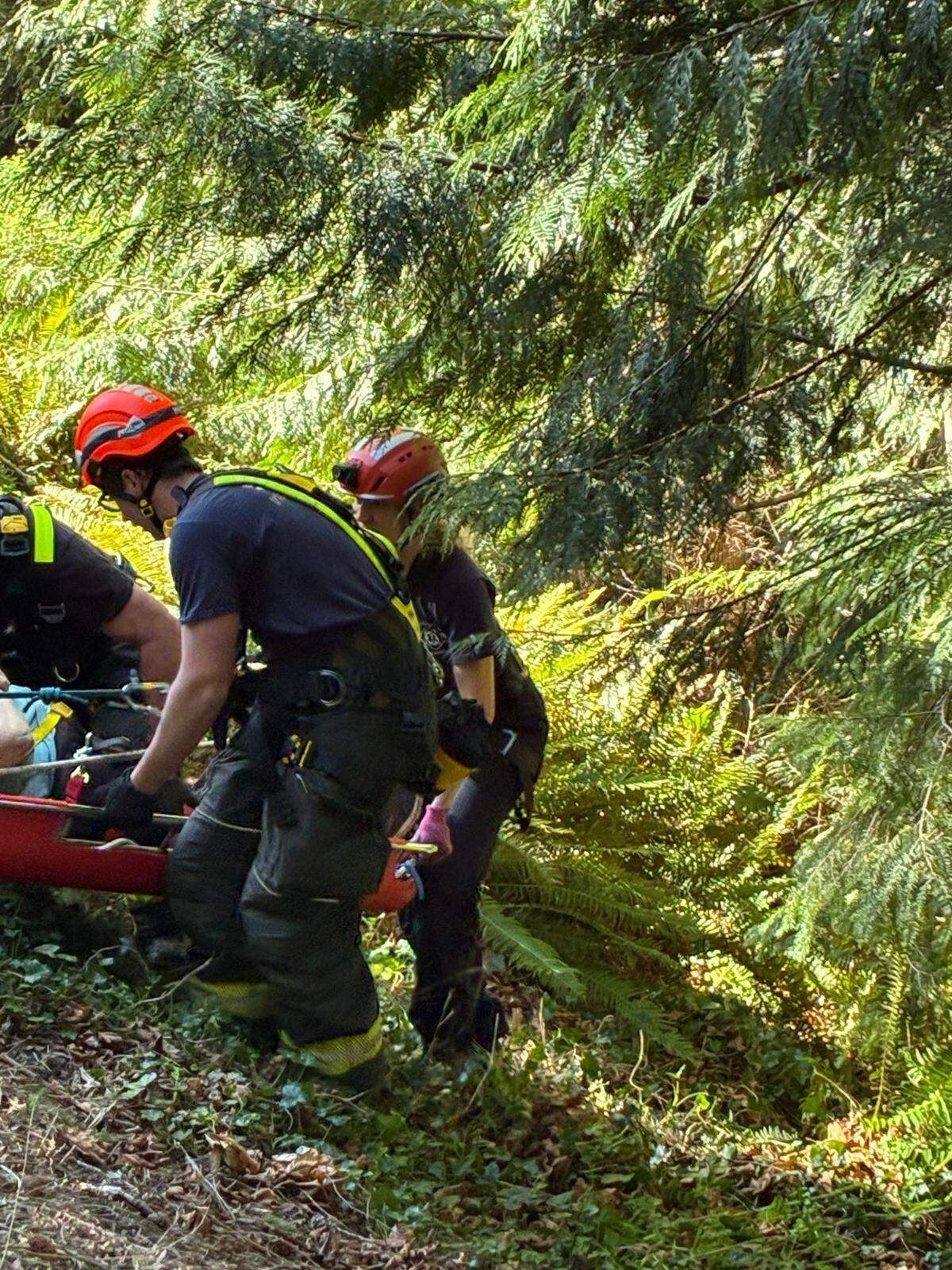 A technical rope rescue was used to save a woman on April 25, 2026, who had been trapped in her car for three days after going 50-75 feet off an embankment on Chuckanut Drive, south of Bellingham, Wash.