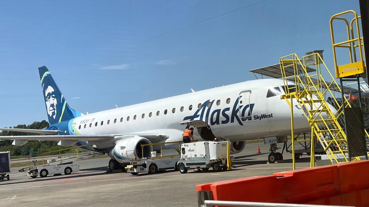 An Alaska Airlines jet waits at the Bellingham International Airport terminal in 2023.