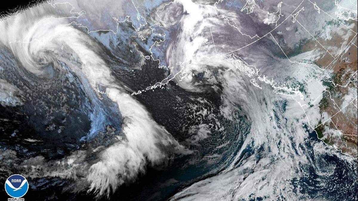 National Oceanic and Atmospheric Administration satellite imagery shows storms heading toward Western Washington from the Pacific Ocean.
