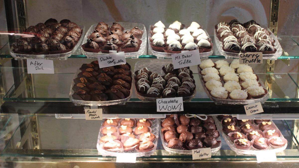 Handcrafted chocolates are on display at Sweet Art in Bellingham.