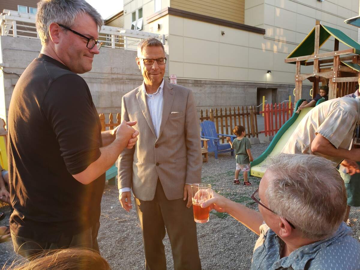 Bellingham mayoral candidate Seth Fleetwood, center, with supporters on election night at the Boundary Bay Beer Garden in Bellingham Aug. 6.
