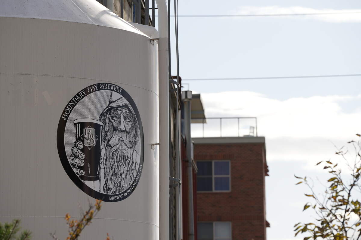 A large drum is decorated with art outside of Boundary Bay Brewery in Bellingham in 2025.