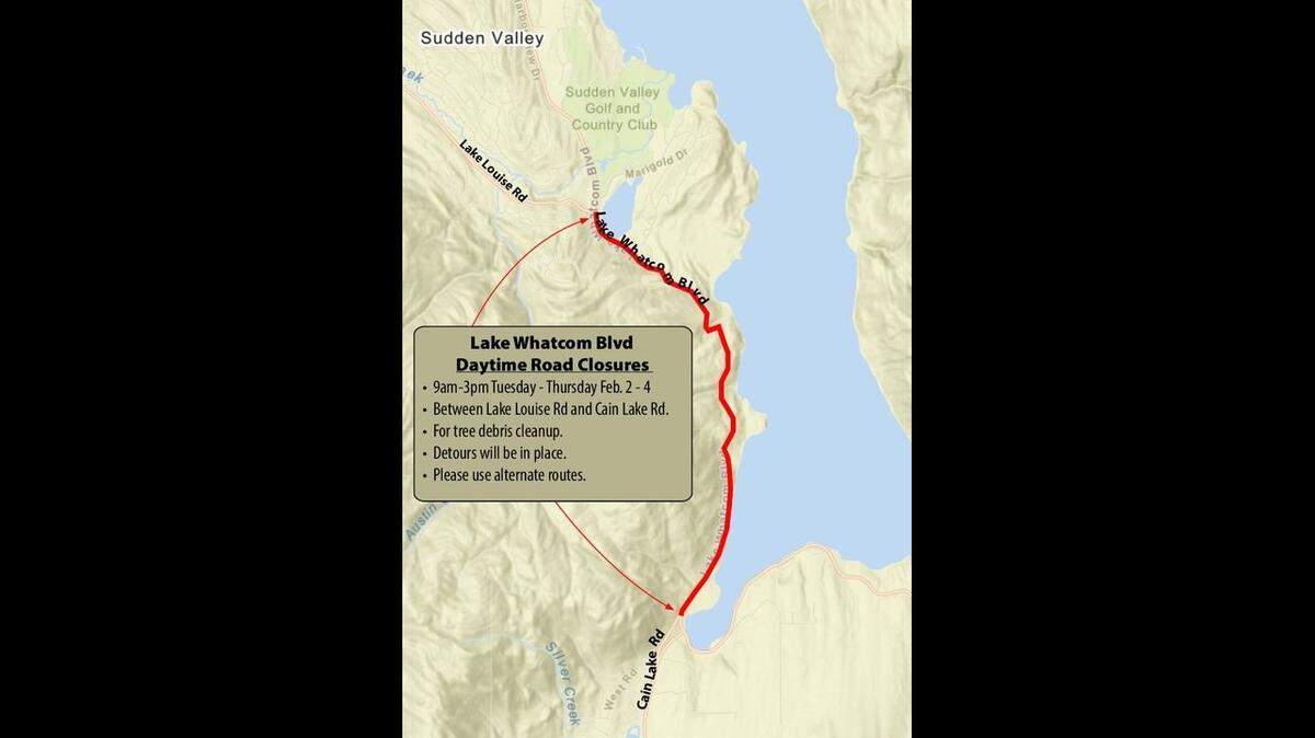 Crews will close the main road heading south from Geneva and Sudden Valley Feb. 2-4 to mow and clear debris from recent windstorms.
