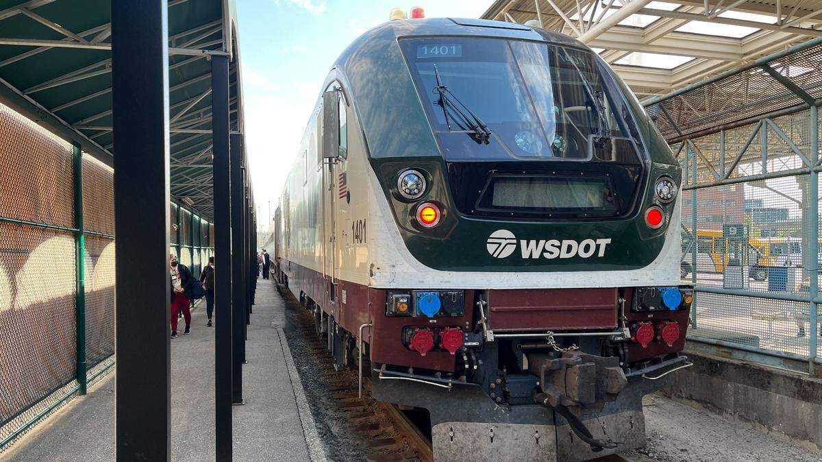 Amtrak’s Cascade train pulls into Pacific Central Station in Vancouver, B.C., in 2022.