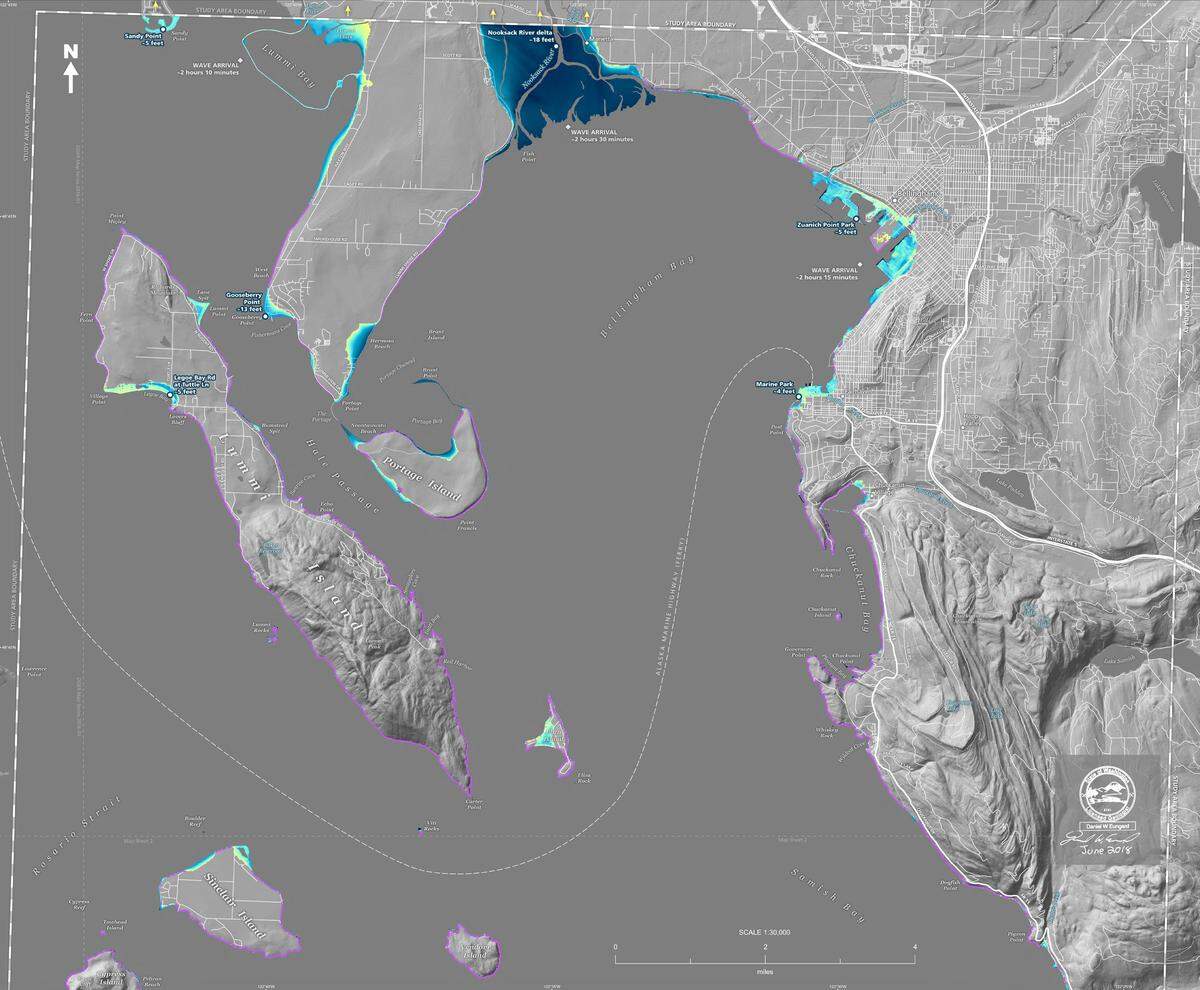 This map, released by the Washington State Department of Natural Resources, shows the potential detailed tsunami inundation of the Bellingham area following a Cascadia subduction zone earthquake of magnitude 9. Inundation levels range from less than 0 feet (yellow) to more than 20 feet (dark blue).