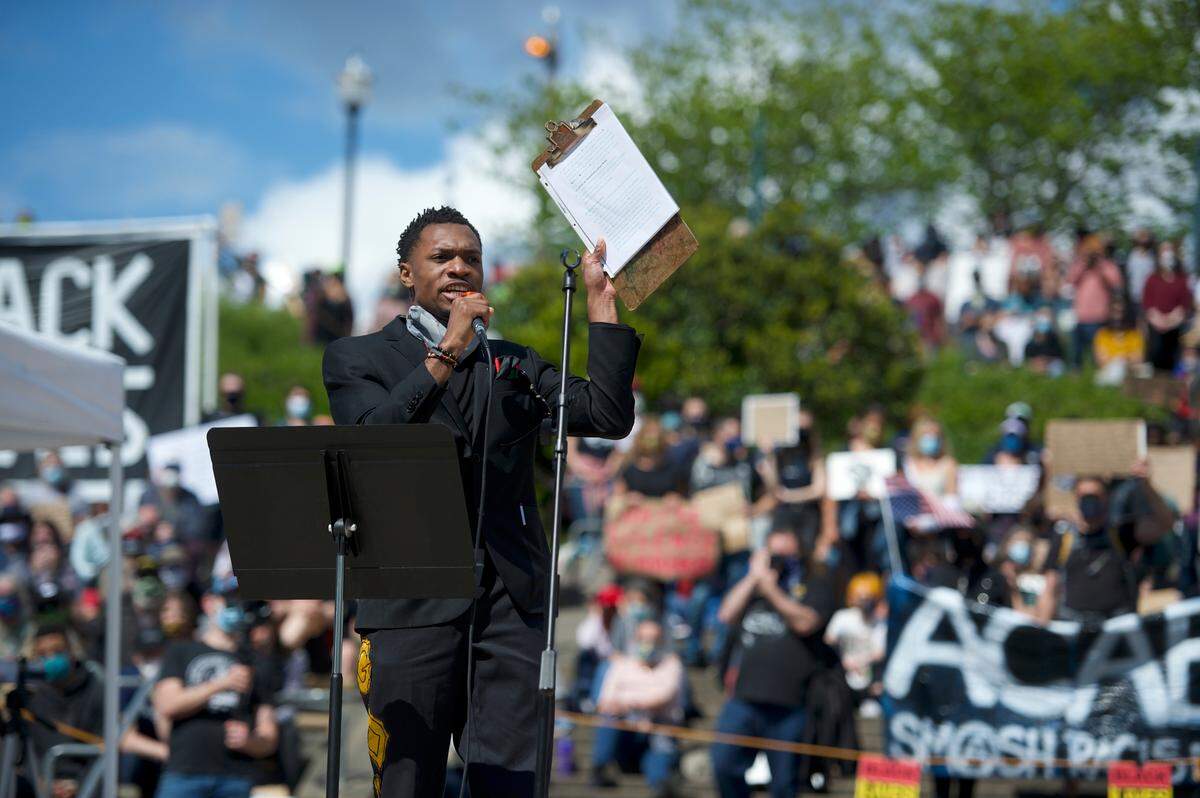Abdul Malik Ford speaks in front of crowd of roughly-7,000 at a Black Lives Matter Solidarity Rally on Saturday, June 6 in Bellingham.