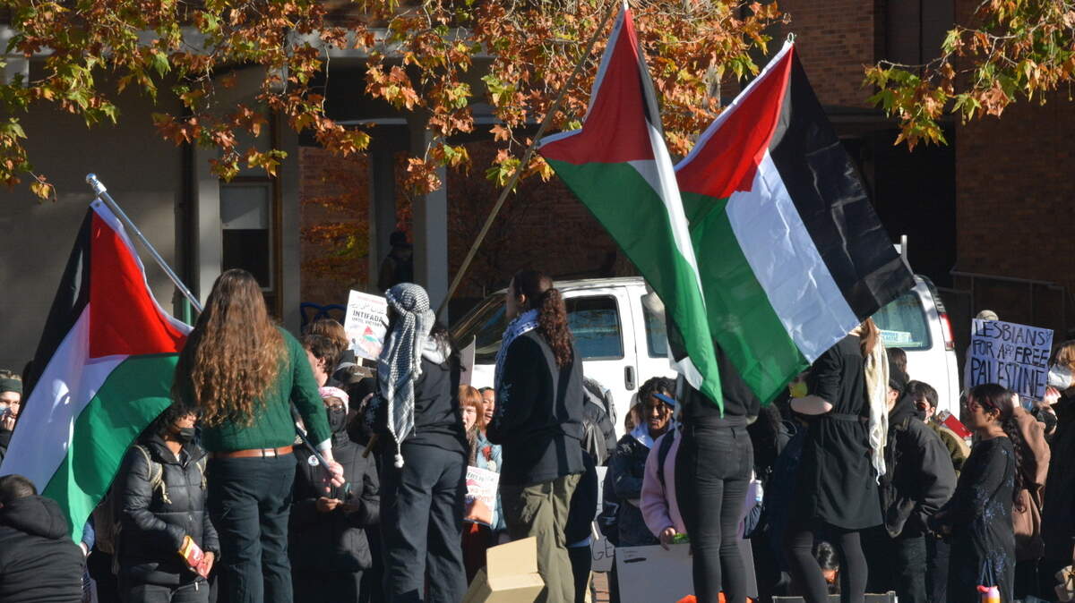 Protesters wave Palestinian flags during a Shut It Down for Palestine rally near Fisher Fountain in Red Square at Western Washington University in Bellingham, Wash., on Friday, Nov. 17, 2023. About 150 to 200 people attended the event that was sponsored by several groups, including the WWU Arab Student Association, the WWU Black Student Union, and the Whatcom Peace and Justice Center in Bellingham.