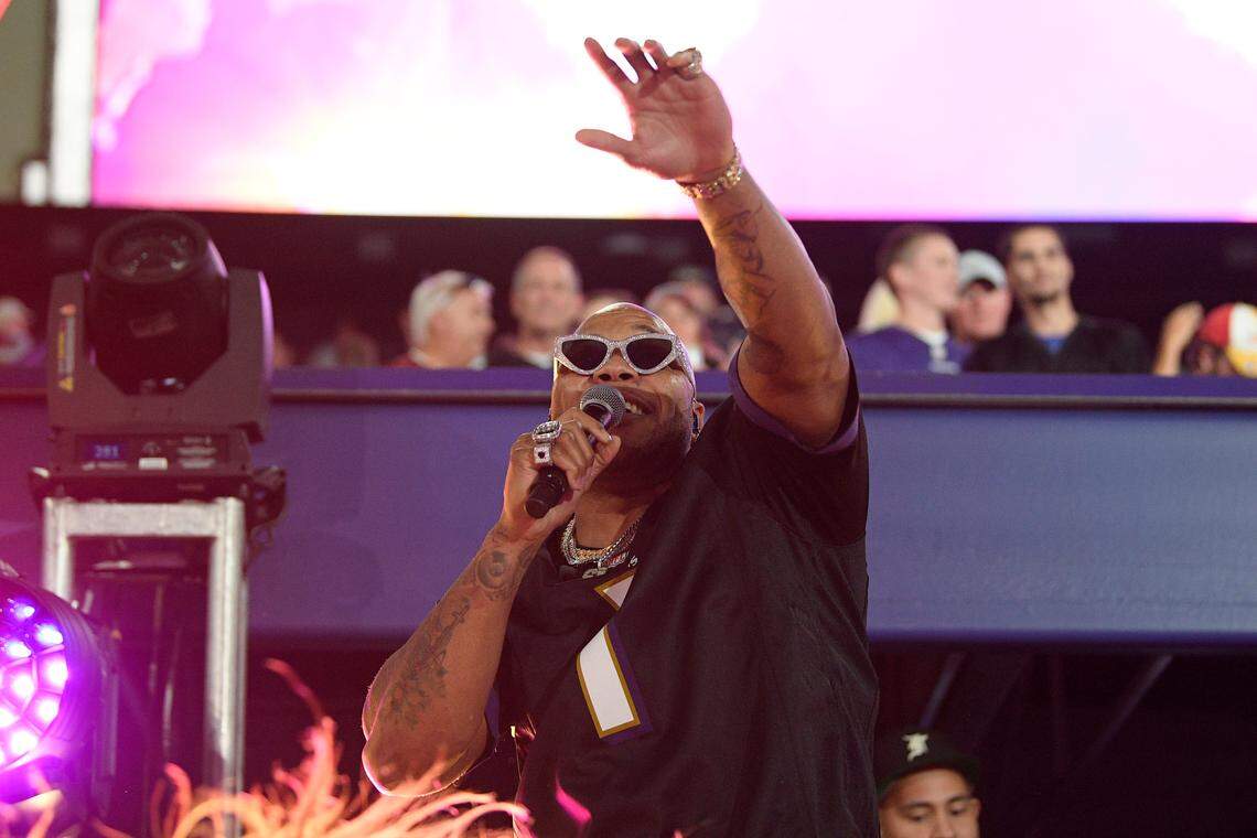 Flo Rida performs during halftime of an NFL football game between the Kansas City Chiefs and the Baltimore Ravens in Baltimore in 2021. Rapper The rapper will perform at the Northwest Washington Fair in Lynden on Aug. 18.
