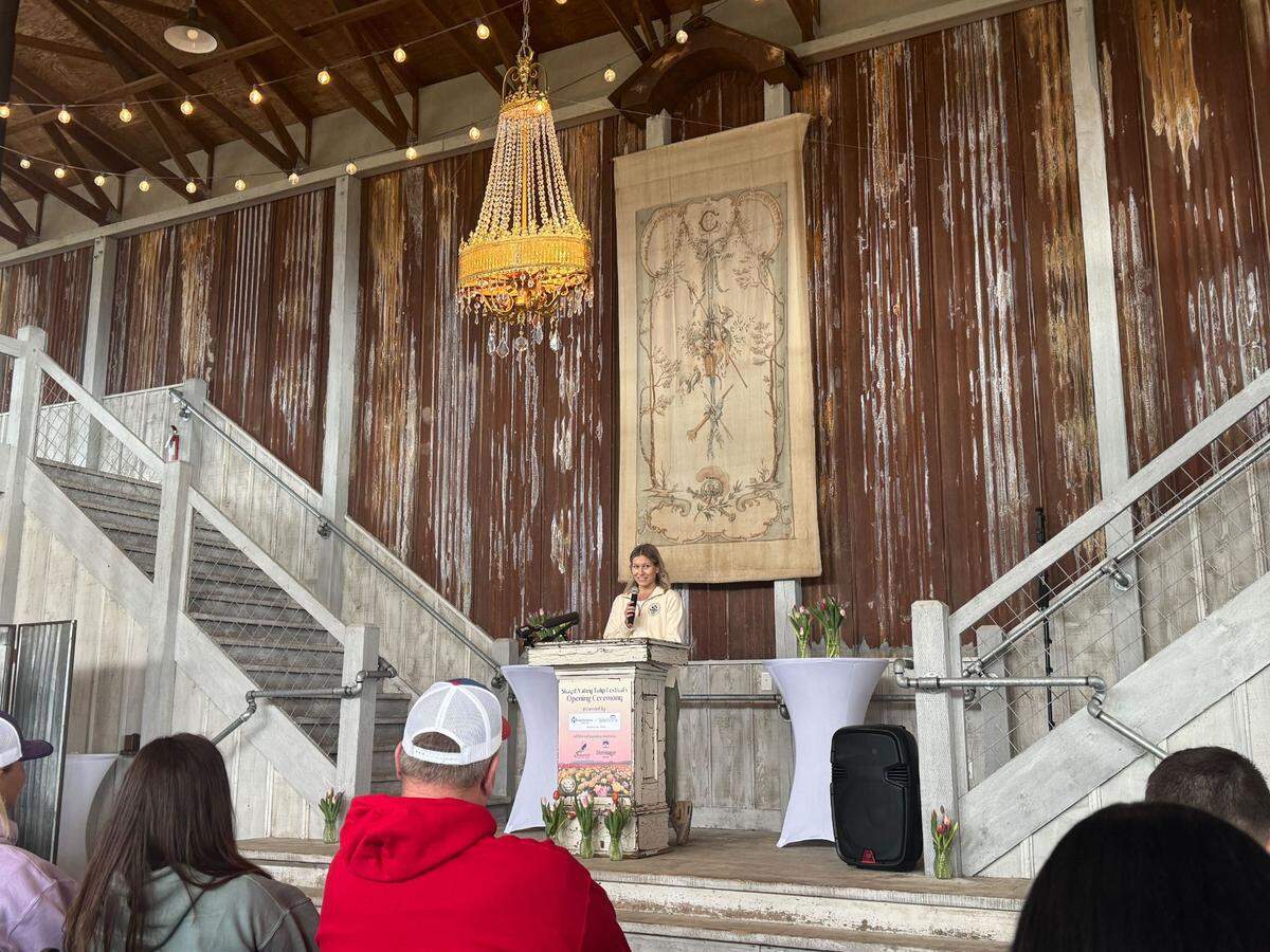 Nicole Roozen, the executive director of the Skagit Valley Tulip Festival, speaks during a media preview media event on March 13.