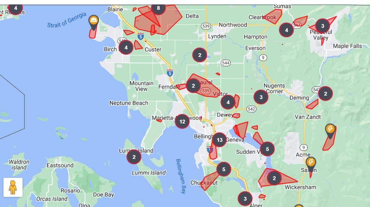 Pugest Sound Energy’s online map shows power outages across Whatcom County on Saturday, Nov. 11, 2023, after an overnight windstorm.