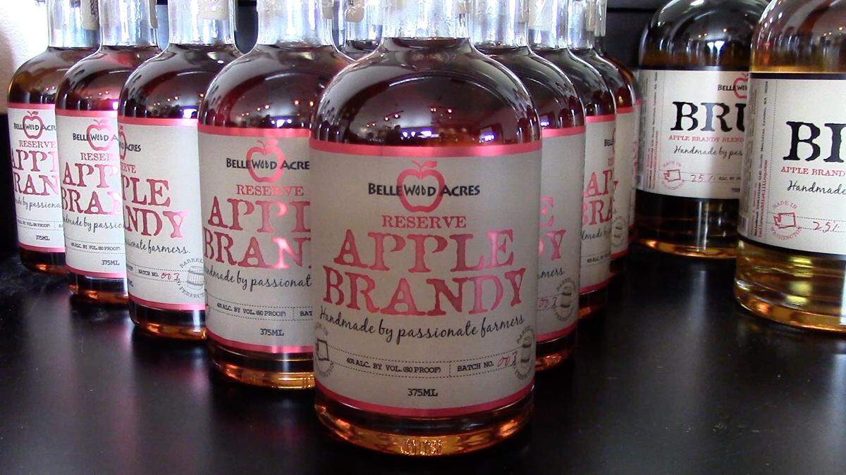 Apple brandy from BelleWood Acres distillery, made using apples grown on the farm north of Bellingham, Washington, is aged two years in bourbon barrels.