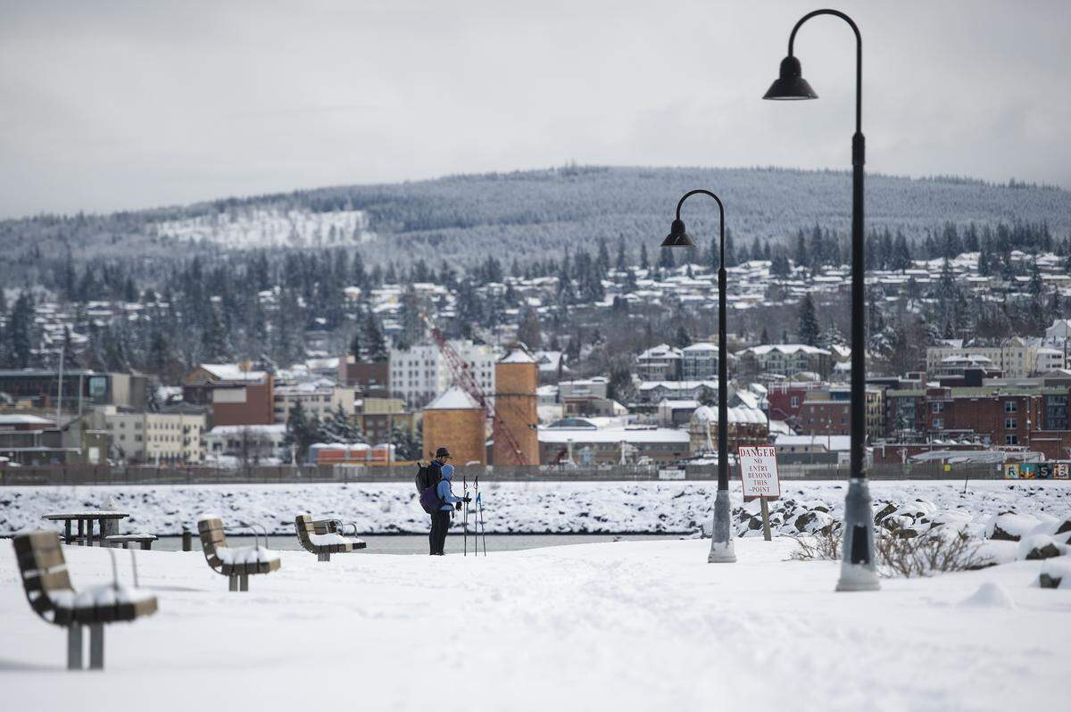 A pair of cross country skiers pauses for a photo in Zuanich Point Park on Wednesday in Bellingham.