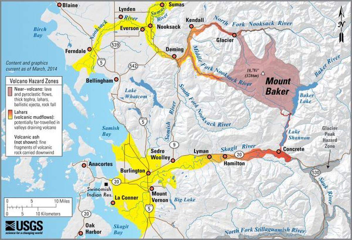 A 2014 USGS map shows the danger that Mount Baker presents to populated areas of Whatcom and Skagit counties.