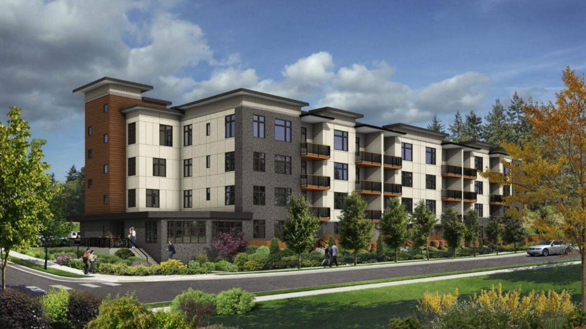 A rendering shows the proposed exterior facade of a 49-unit multifamily residential development in the King Mountain Neighborhood of Bellingham.