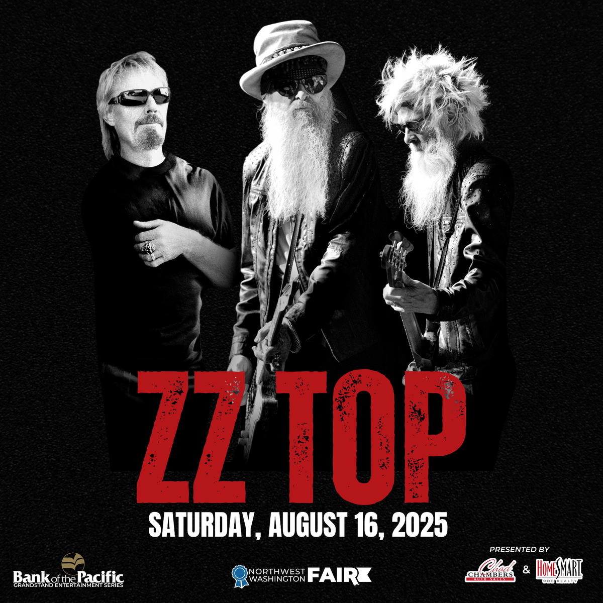 A promotional photo for ZZ Top Grandstand Concert at the Northwest Washington Fair in August 2025.