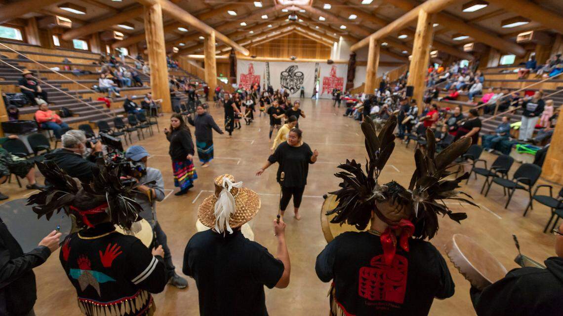 The Lummi Nation Blackhawk Singers perform during the Gathering of the Eagles canoe landing celebration at the Lummi Nation Community Center on Friday afternoon May 27, on the Lummi Reservation in Whatcom County.