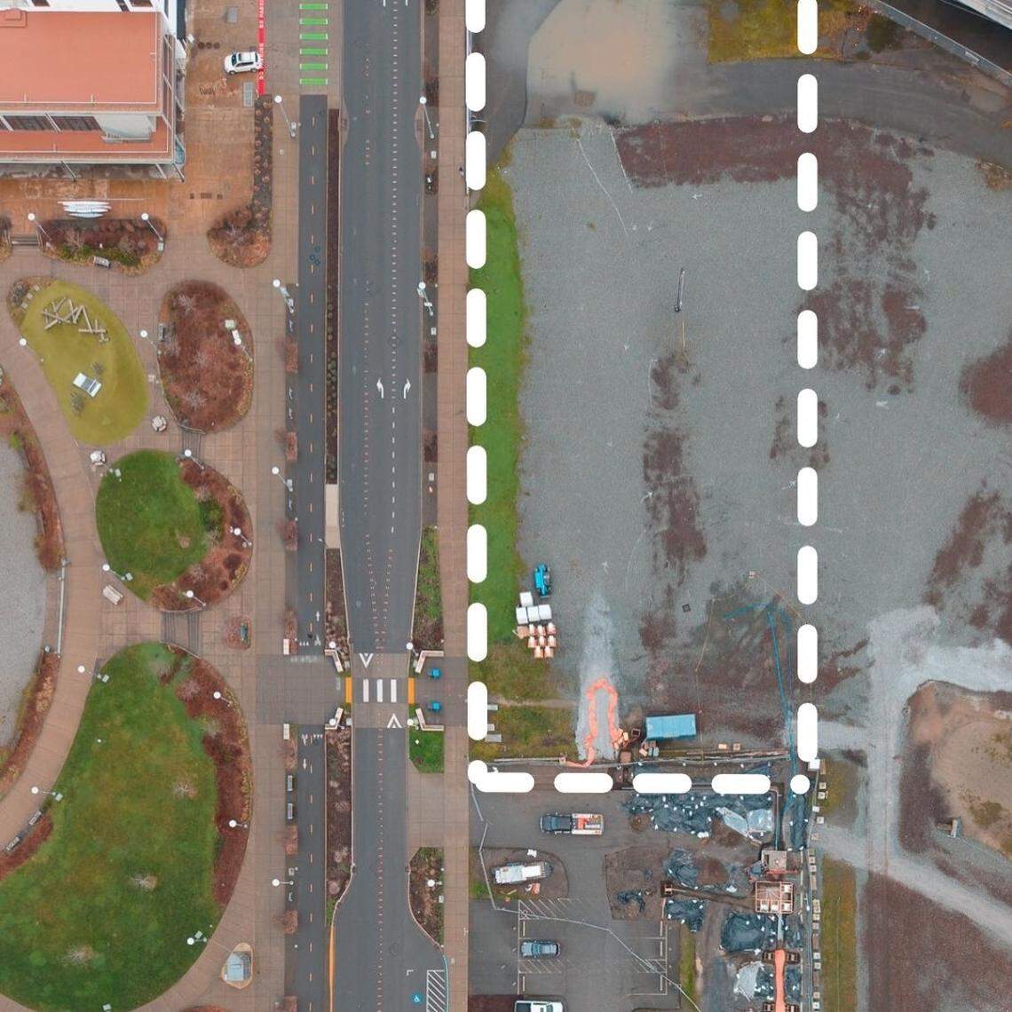 An undated aerial image shows an outline of the location of an additional parking lot expected to be installed at Bellingham’s downtown waterfront area.