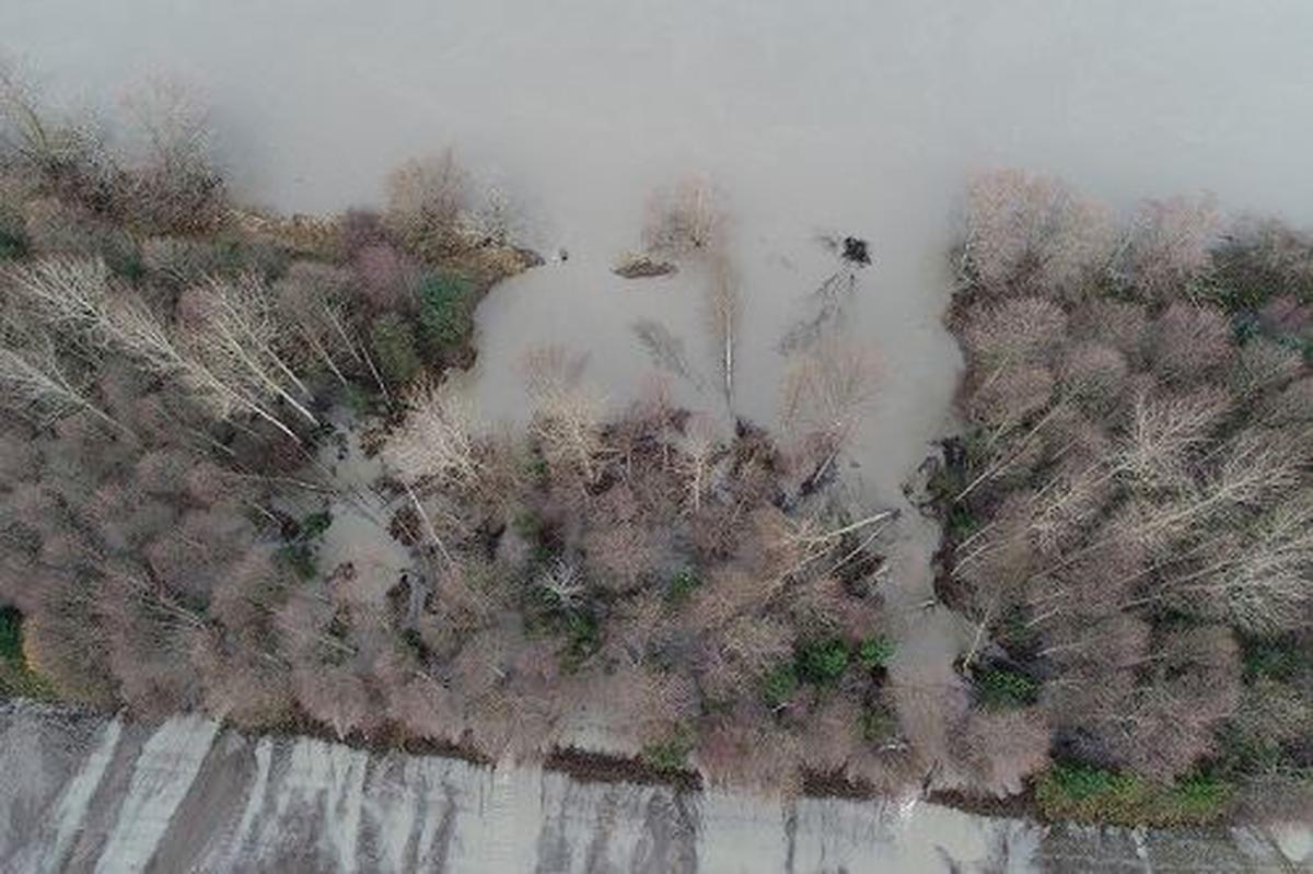 A drone photo shows a breech of the Nooksack River levee in mid-November along Marine Drive in the river delta northwest of Bellingham.