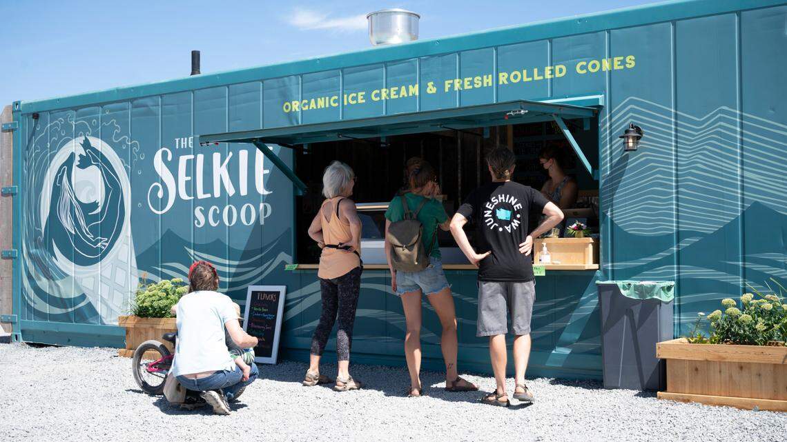 The Portal Container Village opens in May in Bellingham, and is adding new restaurants to its outdoor beer garden and summer venue. The Selkie Scoop near Kulshan’s Trackside Beer Garden on the waterfront on Thursday, Aug. 5, 2021, in Bellingham, Wash.