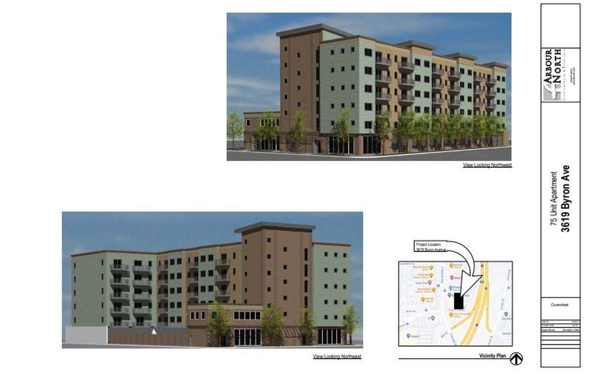 A rendering of the proposed Samish Station 3, which is being built at 3619 Byron Ave. The proposed project will have 75 apartments and a single store covered parking area.