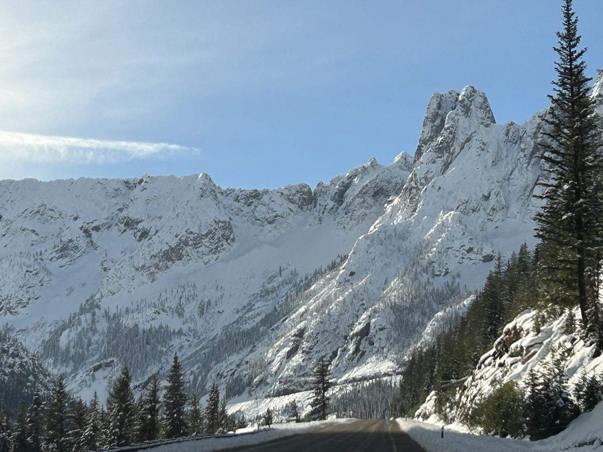 Early season snow is shown along the North Cascades Highway near Washington Pass east of Newhalem, Wash., on Wednesday, Nov. 12, 2025. Much of the snow in the mountains melted during December’s storms but is slowly building back up.