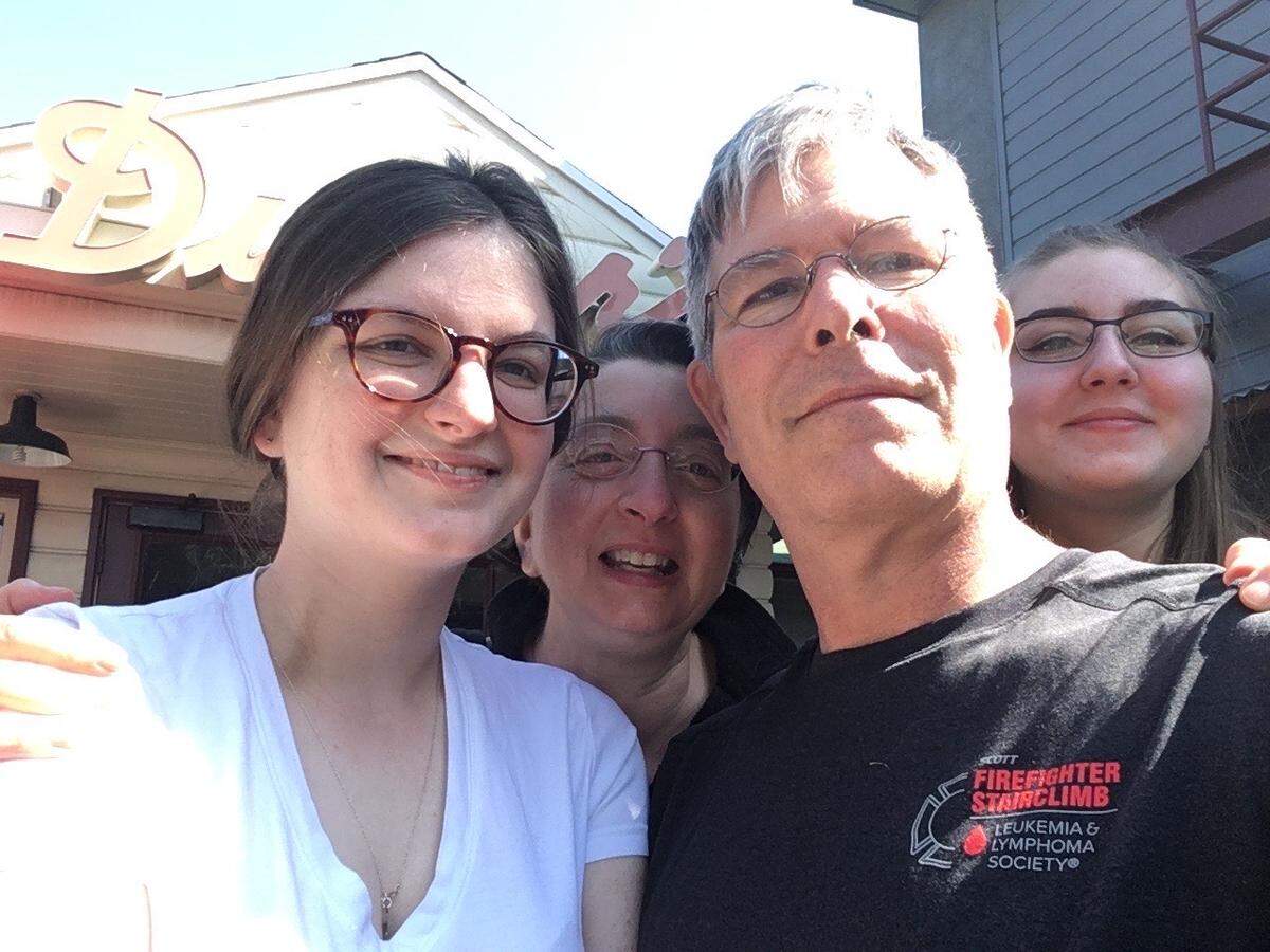 Leah Sauter, left, Rebecca Sauter, Robert Mittendorf and Emma Mittendorf at Du-par’s diner on a family trip to Los Angeles in 2018.