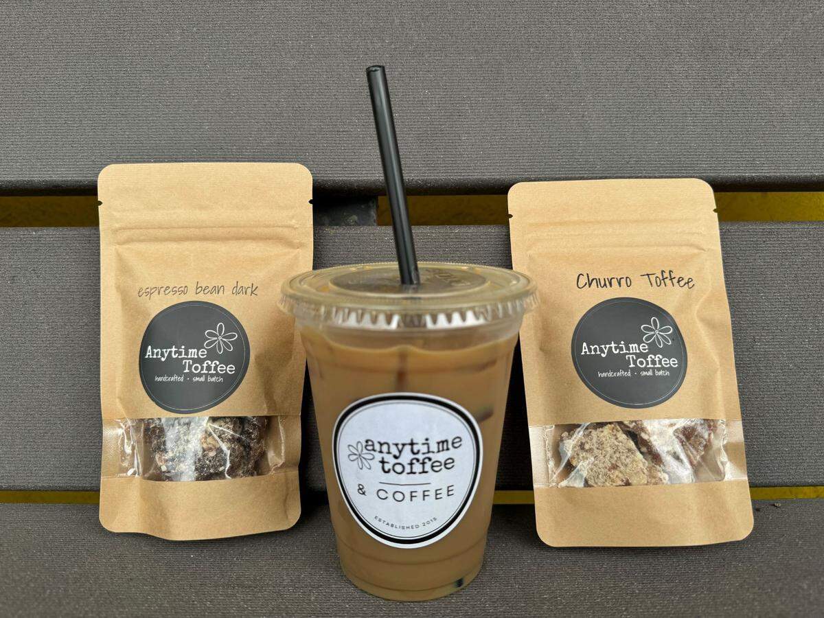 Espresso bean dark chocolate toffee, churro toffee and an iced vanilla latte from Anytime Toffee and Gifts on Wednesday, June 26, 2024 at 5701 Third Ave. in Ferndale, Wash.