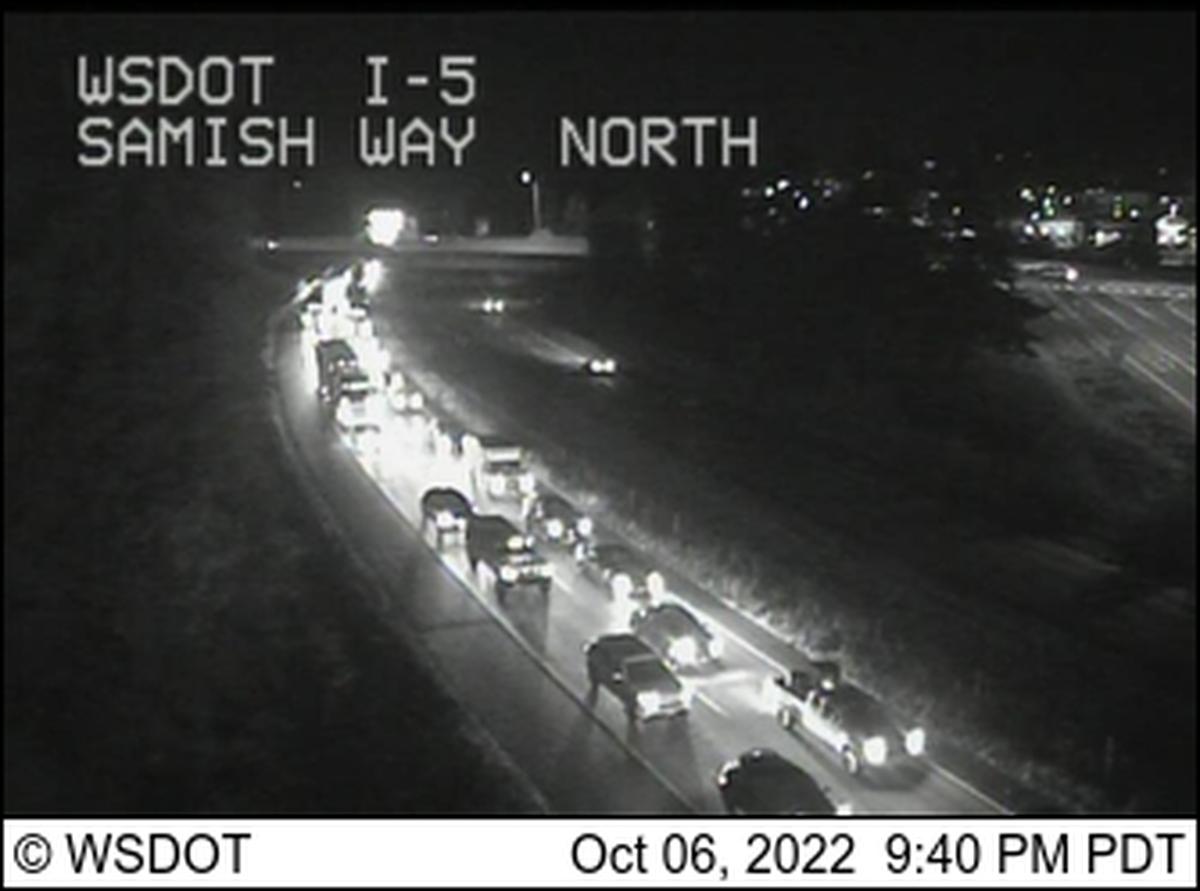 A traffic backup is shown after a fatal crash on Interstate 5 in Bellingham, near the Lakeway exit, on Oct. 6, 2022.