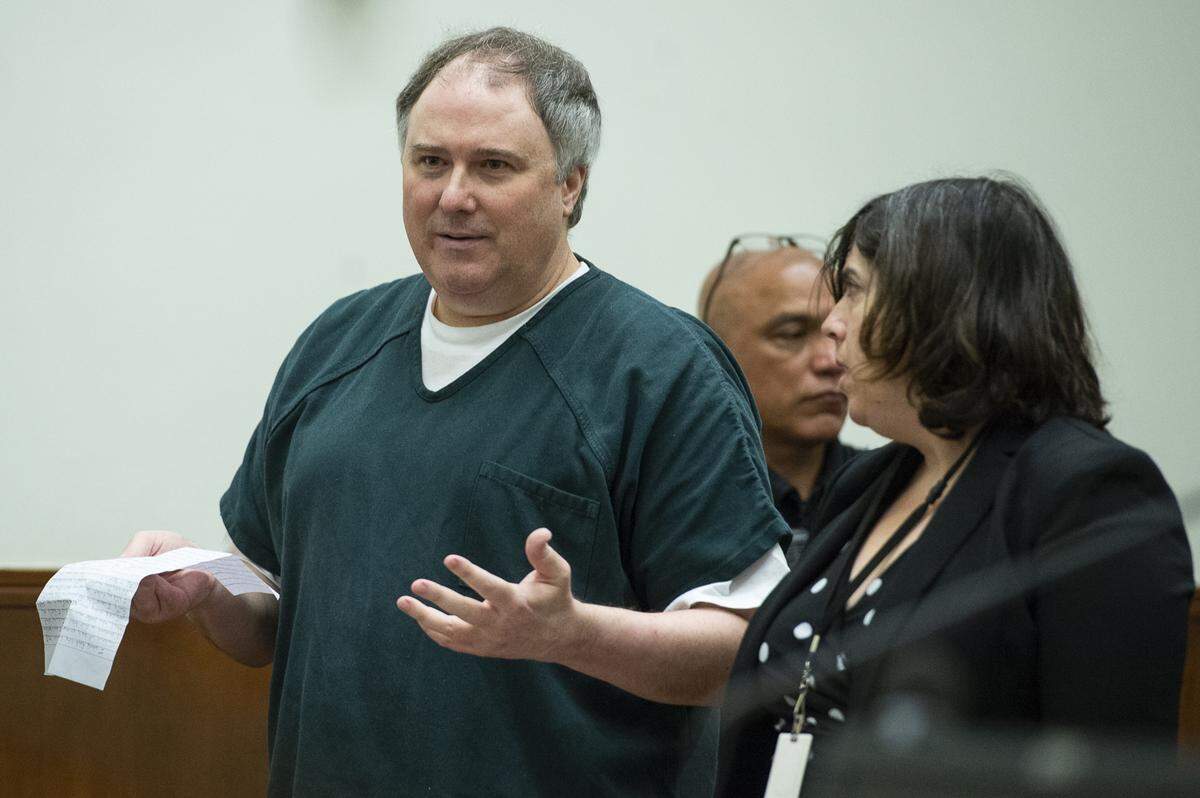 Timothy Forrest Bass, left, speaks in Whatcom County Superior County July 2, 2019, before he was sentenced for the 1989 kidnap, rape and murder of 18-year-old Amanda “Mandy” Stavik.