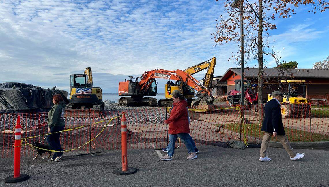 Pedestrians on the South Bay Trail follow a detour around construction at Boulevard Park in November.