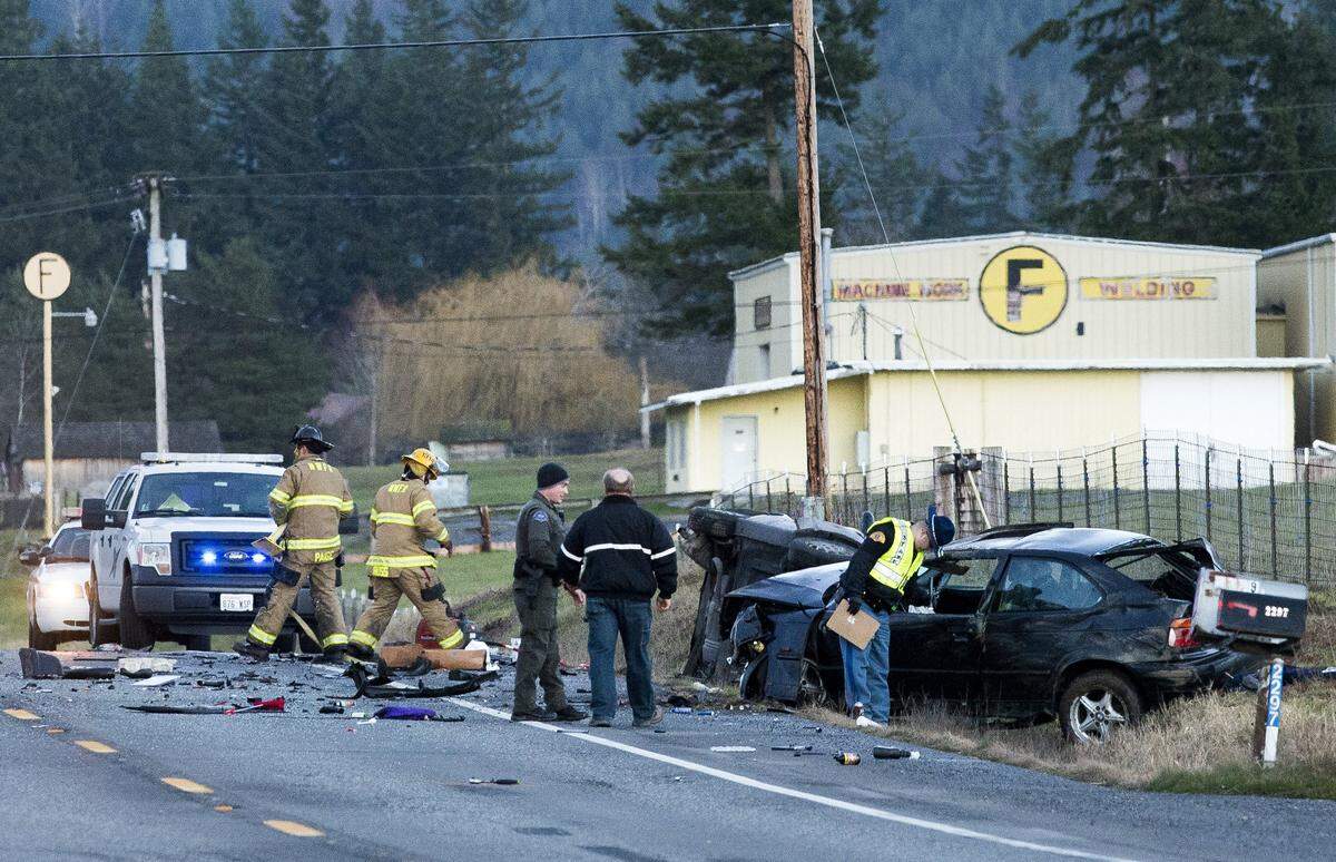 Emergency responders survey the scene of a fatal crash on Mount Baker Highway near the Mission Road intersection on Jan. 28, 2016, near Bellingham. Connor Mackenzie Bloom, of Deming, was sentenced Dec. 7, 2020, to three years in prison for killing oncoming driver Ron Baker.