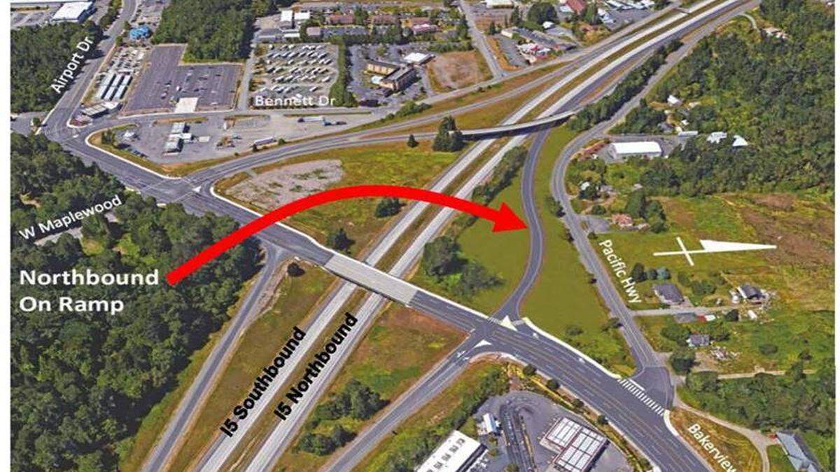 An undated aerial photo and map from the Washington State Department of Transportation shows the Interstate 5 ramps at West Bakerview Road in Bellingham. The site of a new northbound on-ramp is marked in red.