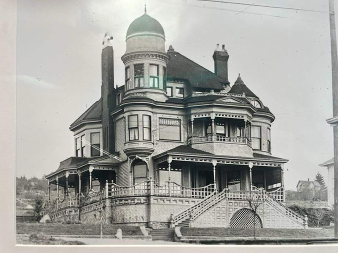 An undated black and white photo shows the Clark Mansion as it was originally built in its Queen-Anne style in 1890 in Bellingham.