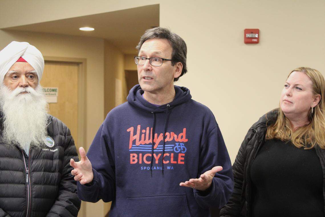 Washington Gov. Bob Ferguson discusses flood relief efforts at the Whatcom County Emergency Management building on Dec. 17, 2025