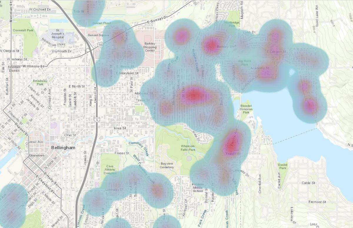 The city’s website offers a scalable heatmap of deer carcass recoveries within the city limits of Bellingham, Washington, for 2016-2018.