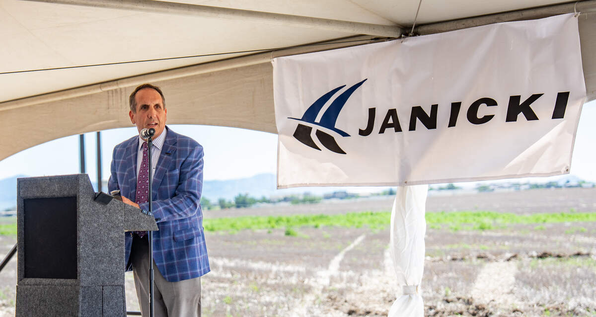 Janicki Industries President John Janicki speaks July 10 at the groundbreaking of the company’s new $800 million manufacturing facility in Great Falls, Mont. The facility is expected to add 2 million square feet of production space and 2,000 jobs over the next 10 years.