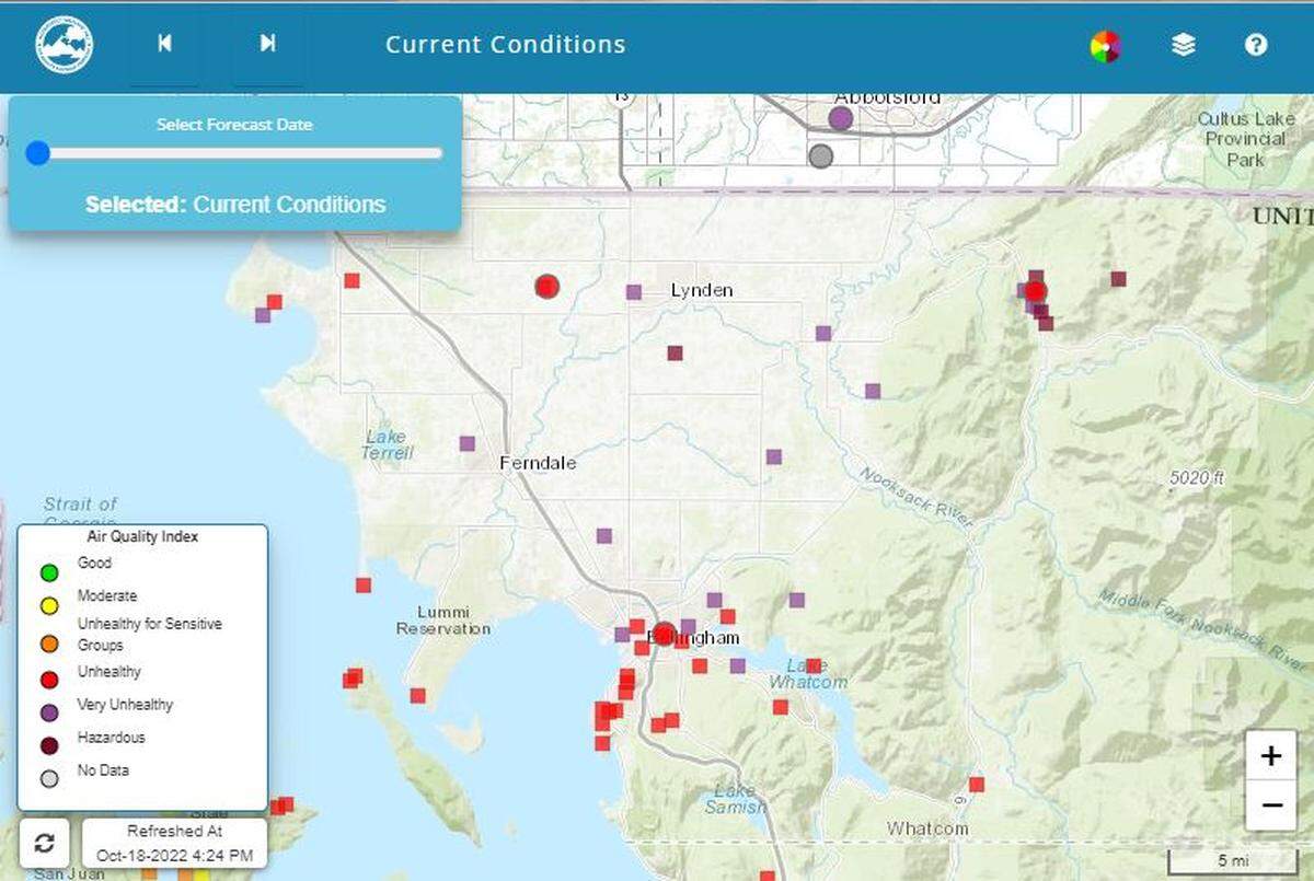 A Northwest Clean Air Agency map of Whatcom County at 4 p.m. Tuesday, Oct. 18, shows air quality from unhealthy to hazardous due to wildfire smoke.
